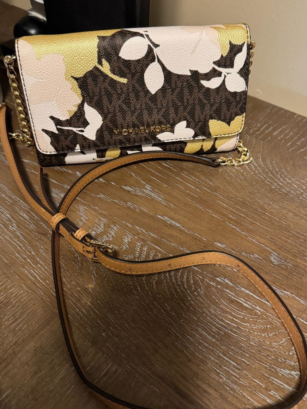Michael Kors Brown Logo Floral Crossbody with Yellow and Cream Accents